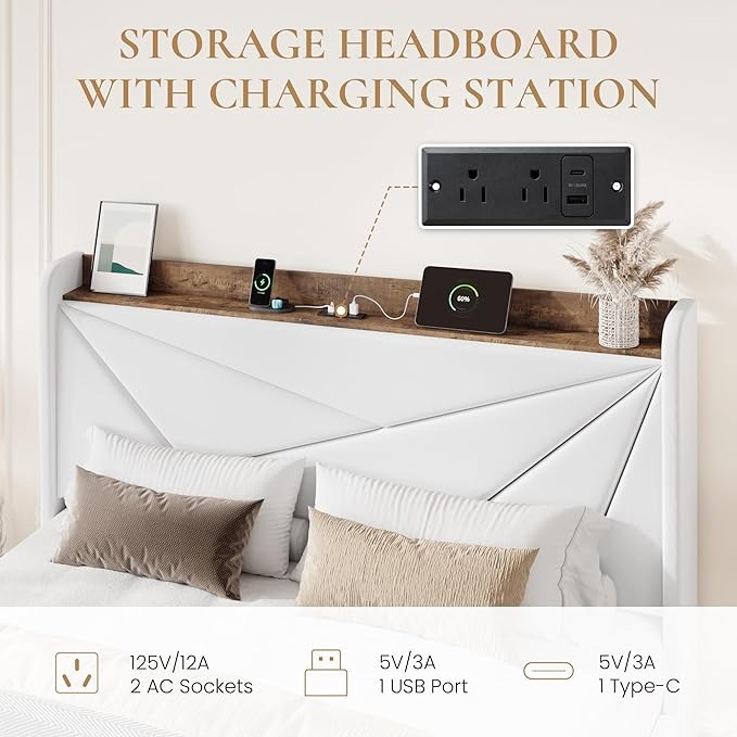 SHA CERLIN Full Size Bed Frame with 3 Drawers, USB & Type-C Charging Ports, Velvet Upholstered Platform Bed with Modern Geometric Wingback Storage Headboard, No Box Spring Needed, Easy Assembly, White