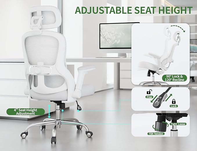 White Ergonomic Office Chair: Mesh Desk Chair Comfy with Adjustable Lumbar Support 400lbs High Back Computer Gaming Chair - Big and Tall Office Chairs with Extra Wide Seat-Adults Home Office