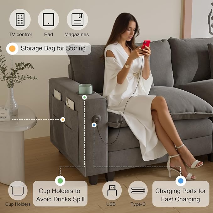 Cloud Couch, Modular Sectional Sofa with Ottoman, Charging Station, Throw Pillows, Cup Holders, Modern Convertible L Shaped Couches for Living Room, Bedroom (Grey, 116"- L Shape)
