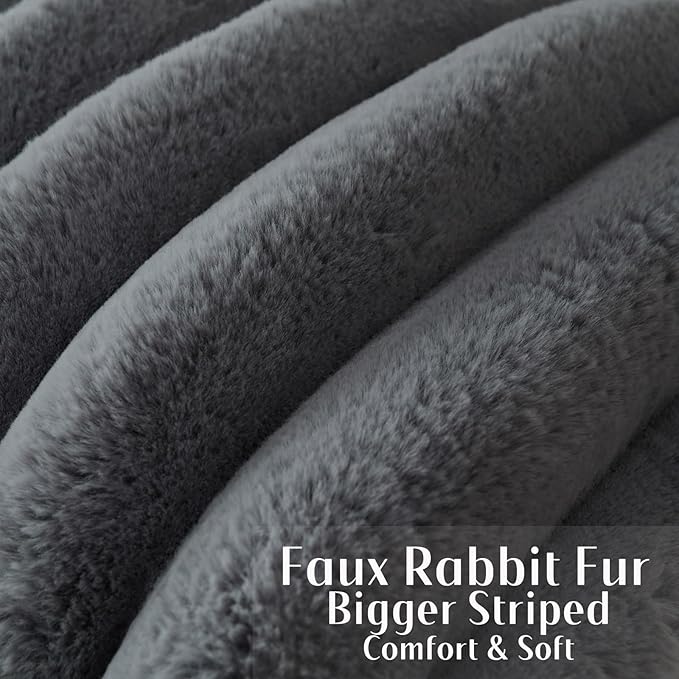 FUTEI Dark Grey Decorative Throw Pillow Covers 24x24 Inch Set of 2, Square Soft Faux Rabbit Fur Big Striped Pillow Sham,Home Decor for Couch Sofa Bed Living Room
