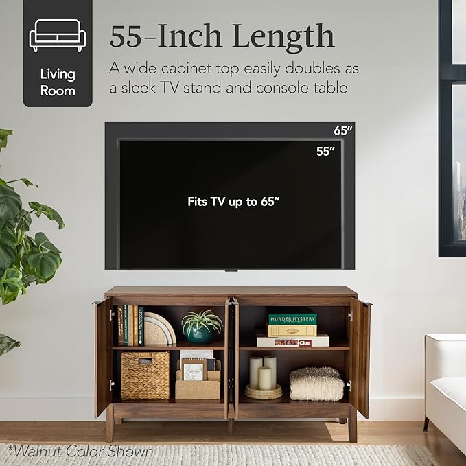 Best Choice Products 55" Modern 4-Door Sideboard Storage Cabinet, Buffet, Media Cabinet, Cupboard, Entryway Accent Table, Bookcase w/Reed Panels and Adjustable Shelves – Natural