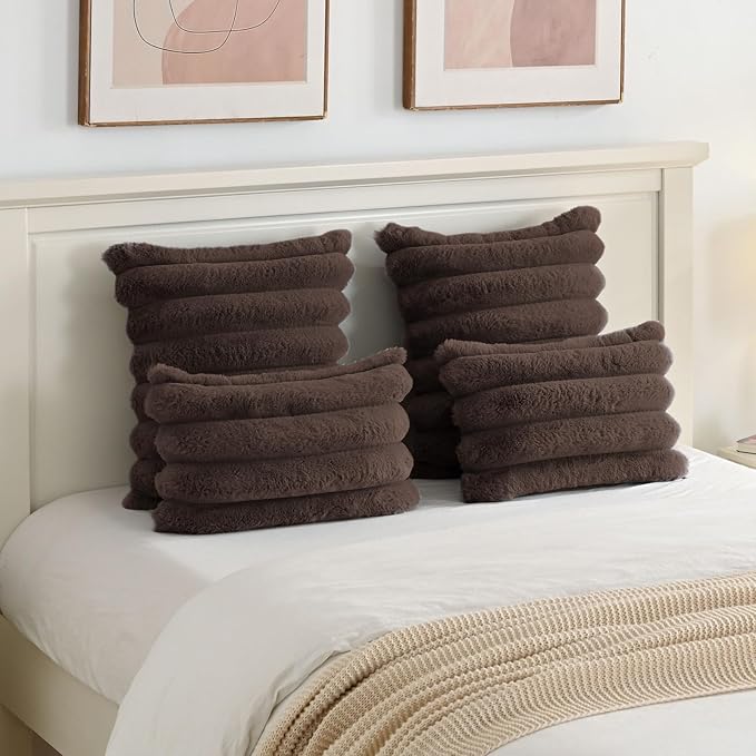 FUTEI Dark Coffee Decorative Throw Pillow Covers 22x22 Inch Set of 2, Square Soft Faux Rabbit Fur Big Striped Cushion Cover,Home Decor for Couch Sofa Bed Living Room