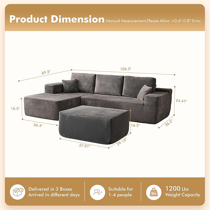 106" Cloud Sectional Couch with L-Shape Chaise & Ottoman, No Assembly Modular Sofa, Deep Seat Corduroy Boneless Couched for Living Room (Gray Stripe Corduroy, Left Facing Chaise with Ottoman)