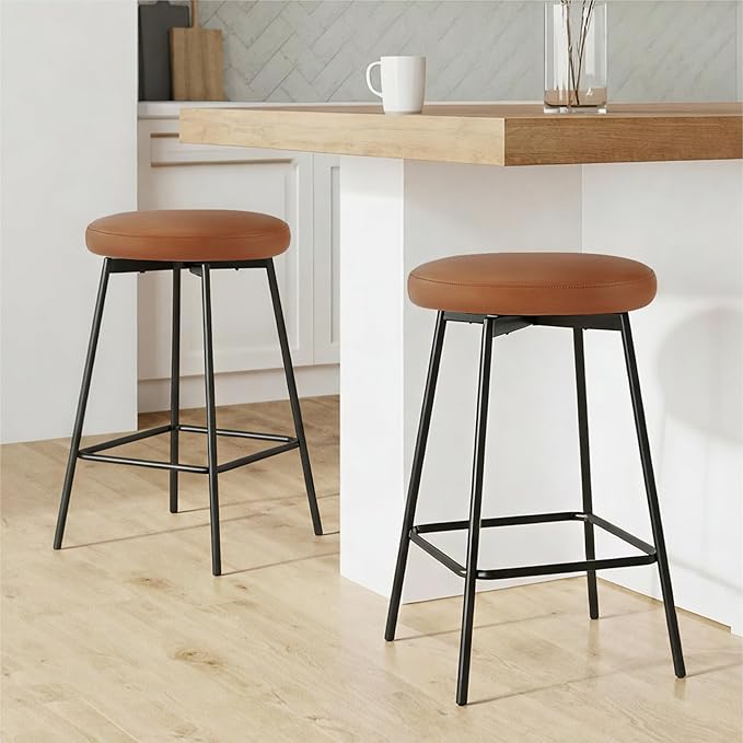Swivel Bar Stools Set of 2, 24" Counter Height Bar Stool, Backless Barstools with Faux Leather Upholstered Seat&Sturdy Wood Legs for Kitchen Island, Brown