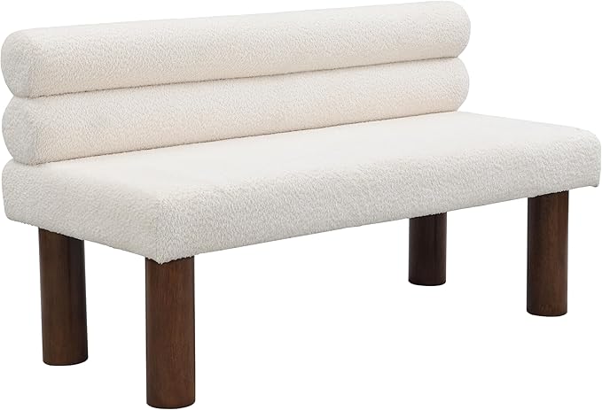 Christopher Knight Home Wally Boucle Upholstered Dining Bench, Modern Large Dining Room Chair, Entryway Ottoman Bench, Bedroom End of Bed Seating, Armless Desing and Wooden Frame, Milky White+Brown