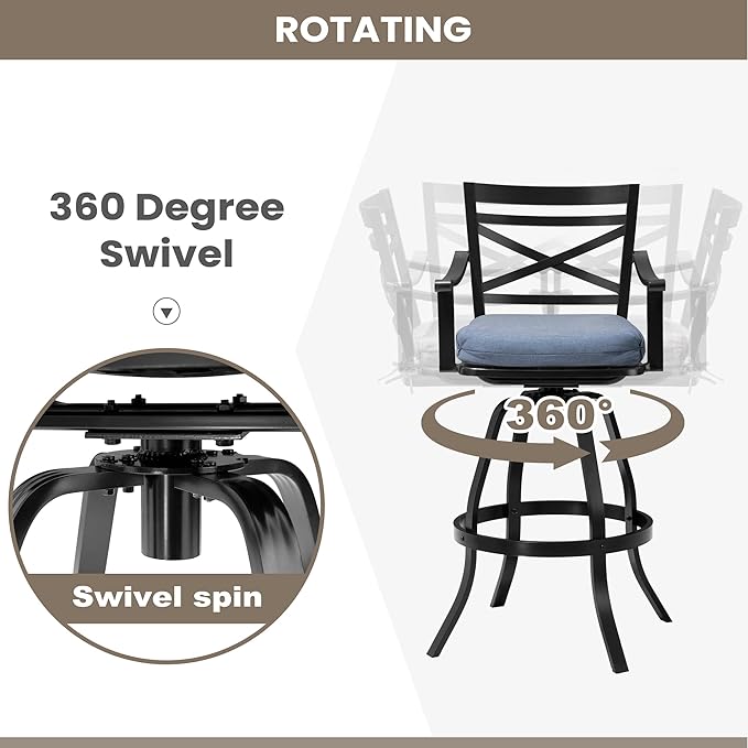 Pellebant 30" Sunbrella Outdoor Bar Stools Set of 4, Aluminum Swivel Patio Bar Height Bar Stools with Back & Footrest, for Deck Lawn Garden(Spectrum Denim)