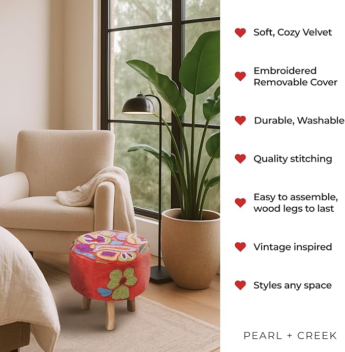 Elke Pink Velvet Embroidered Round Pouf Ottoman – 16" Handcrafted Upholstered Floral Foot Stool with Removable Cover – Soft Cotton Velvet Knockdown Accent Seat for Bedroom, Living Room & Boho Decor