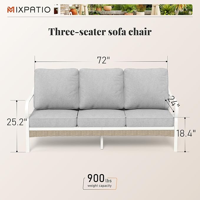 Patio Furniture Sofa, 3-Seat Patio Sofa Steel Frame Outdoor Sectional Couch with Deep Seating and 5.5” Cushions for Lawn Backyard Porch Deck, Light Gray