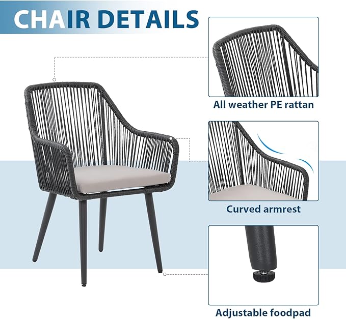 JOIVI 5 Piece Outdoor Dining Set, Wicker Patio Furniture Dining Chairs and Table Set with Cushions for 4 People, Tempered Glass Tabletop with 2.16” Umbrella Hole, for Lawn, Backyard, Garden, Black