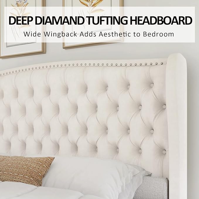 AMERLIFE California King Size Platform Bed Frame, Velvet Upholstered Bed with Deep Button Tufted & Nailhead Trim Wingback Headboard/No Box Spring Needed, Cream
