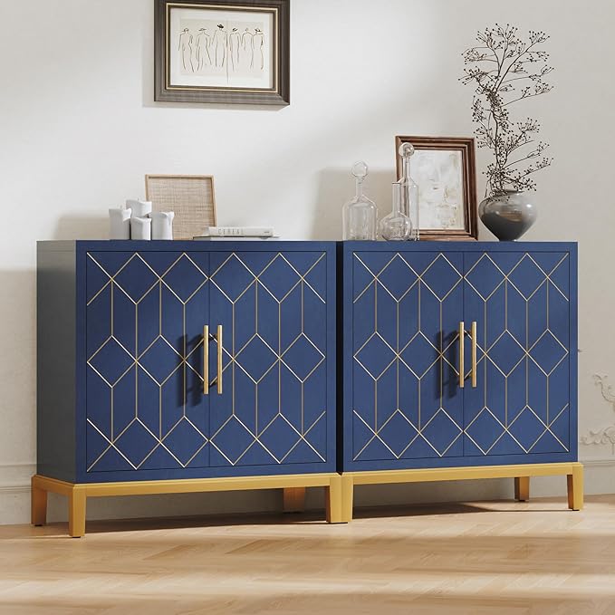 HLR Accent Cabinet with Gold Trim,Storage Cabinet with 2 Doors,Modern Wooden Sideboard for Living Room, Kitchen, Office and Hallway,Blue