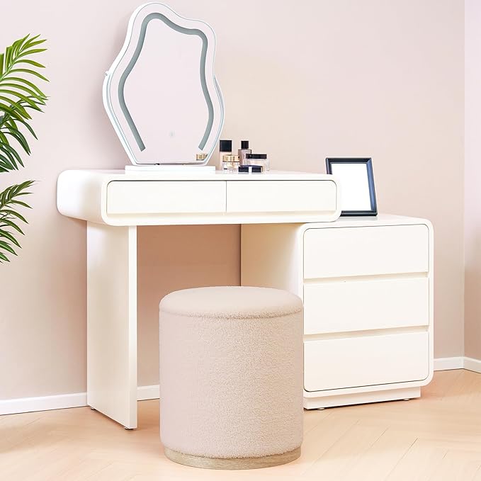 PINPLUS Round Ottoman with Storage Set of 2, Vanity Stool with Storage, Small Ottoman with Tray Teddy Velvet Foot Rest Stool for Bedroom, Living Room, Dorm (Beige)