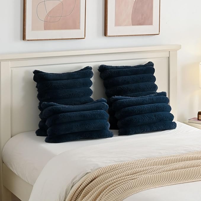 FUTEI Navy Blue Decorative Throw Pillow Covers 24x24 Inch Set of 2, Square Soft Faux Rabbit Fur Thick Striped European Cushion Covers,Winter Home Decor for Couch Bed Living Room