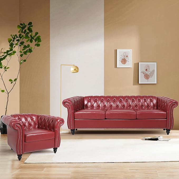 Home Sofa Living Room Furniture, 3 Seater Leather Upholstered Sofa Couch, Modern Comfy Couch with Faux Leather Cushions, Mid Century Tufted Chesterfield Sofas for Bedroom, Office, Apartment (Wine Red)