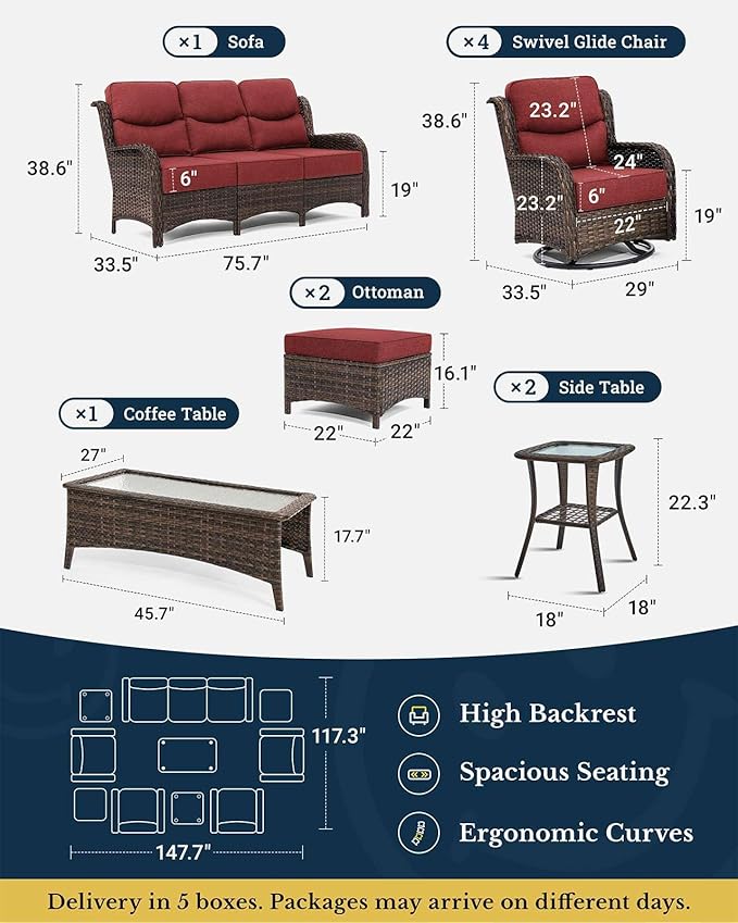 HILLGA Luxury Patio Furniture Set with 6-inch Thick Cushion, Outdoor Couch and High Back Swivel Rocker Patio Chairs, 10PCS Wicker Conversation Set for Deck Yard and Poolside, Burgundy (V2)