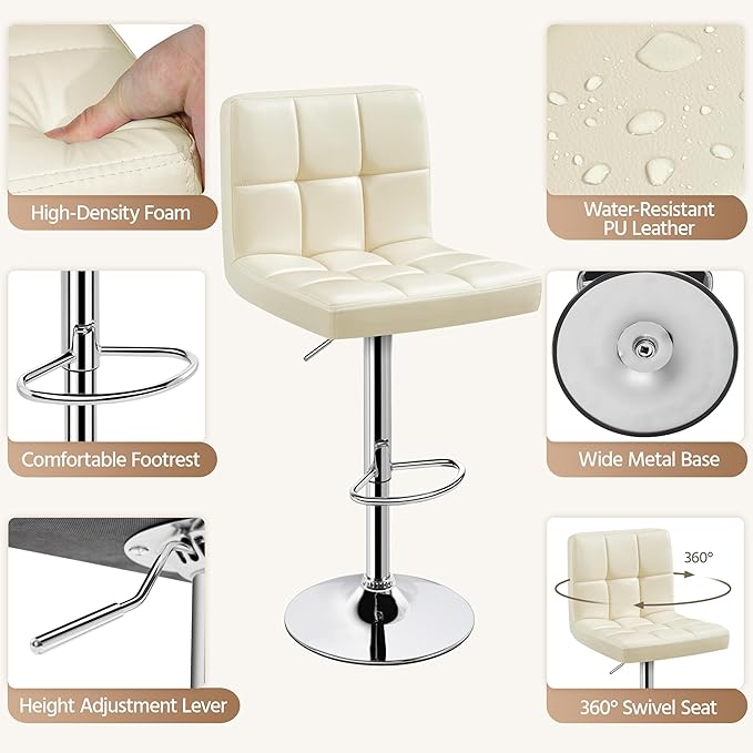 Yaheetech Bar Stools Set of 4, PU Leather Swivel Barstools, Height Adjustable Counter Chairs, Modern Stools with Back for Bar Kitchen Island Dining Room, 4pcs, Beige