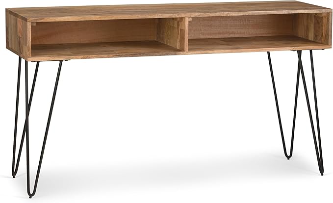 SIMPLIHOME Hunter Console Table - 55 Inch Wide Solid Mango Wood and Metal Sofa Table in Natural, Industrial Storage Table for Entryway or Living Room with 2 Open Cubbies and Black Hairpin Legs