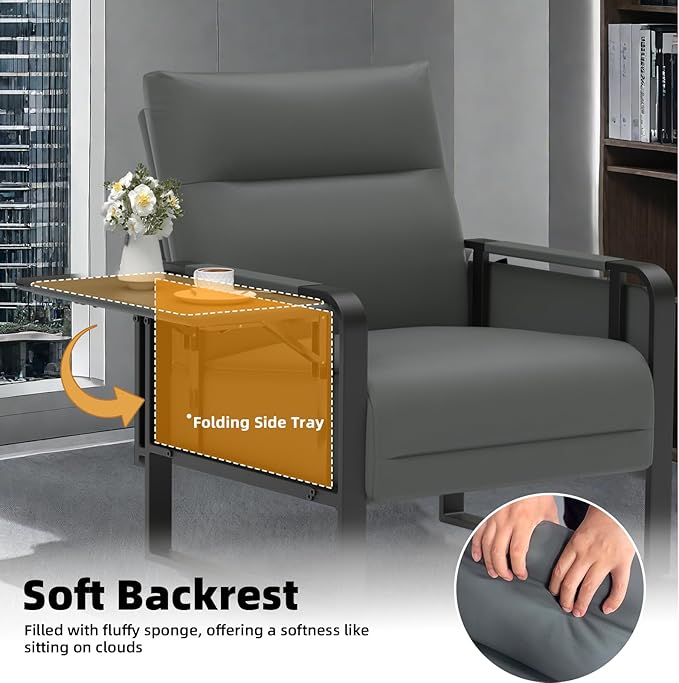 Faux Leather Accent Chair, Upholstered Armchair with Side Tray & Pocket, Comfy Reading Chair for Living Room, Bedroom, Guest Room, Gray