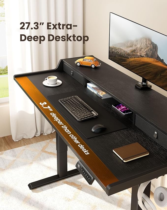 ErGear Electric Standing Desk with Drawers, 55″ x 28″ Gaming Table Compatible Monitor Stand, Stand up Desks, Home Office Height-Adjustable Desk with Storage Shelf, 4 Preset Heights, Black