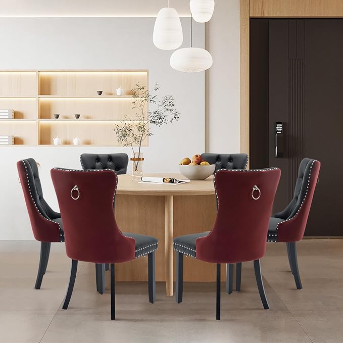 Leather Upholstered Dining Chairs Set of 6, Modern Style Kitchen Side Chairs with Nailhead Trim and Wood Leg, Metal Pulling Ring for Dining Room Living Room(Black&Wine Red)