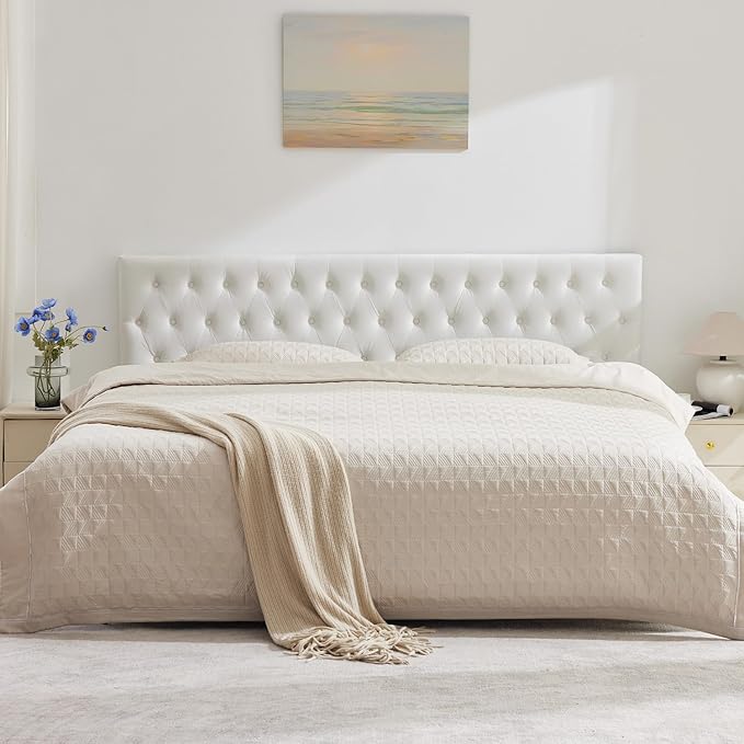 Kingfun Tufted Upholstered Queen Size Bed Headboard in Modern Button Design, Adjustable Solid Wood Head Board, Premium Velvet Fabric Padded Headboards in Bedroom (White)