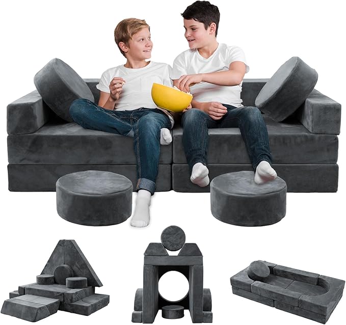 HOMFINE 16pcs Modular Kids Play Couch, Kids Toddler Couch, Child Sectional Sofa, Versatile Kid Sofa for Playroom Bedroom, Convertible Foam and Floor Cushion for Boys and Girls, Grey