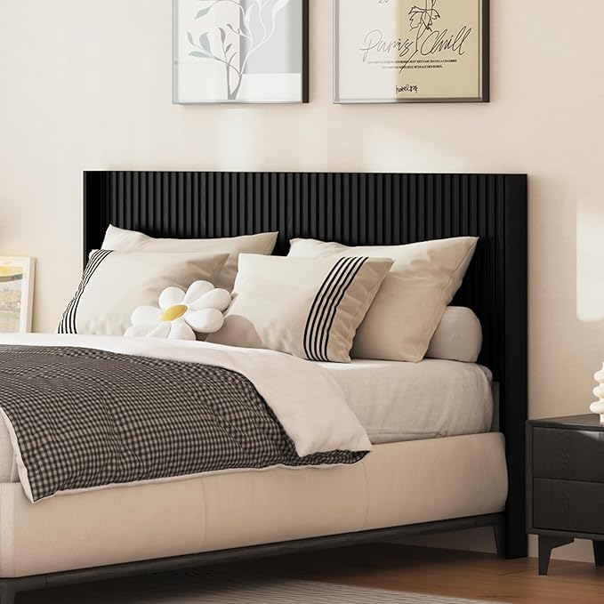 COCO DESIGN Queen Size Headboard Only, 64.3" Wide Wooden Headboard, Mid Century Modern Farmhouse Boho HeadBoard, Wall Mount, Fluted Panel, Wingback Design, Black