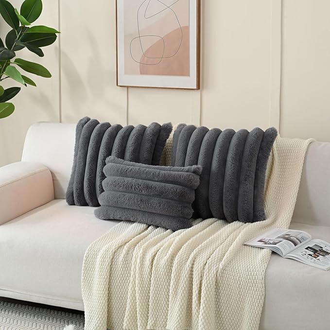 FUTEI Dark Grey Decorative Throw Pillow Covers 26x26 Inch Set of 2, Square Soft Faux Rabbit Fur Big Striped Pillow Sham,Home Decor for Couch Sofa Bed Living Room