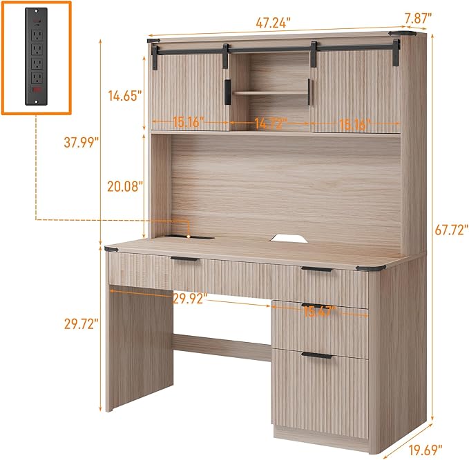 Vabches 67" H Executive Desk with Fluted Drawers,4 Drawers Fluted Computer Desk with LED Light,Charging Hub,Wood Workstation with Hutch and Sliding Barn Doors for Work and Study