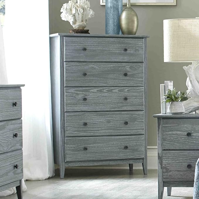 Grain Wood Furniture Greenport 5-Drawer Chest, Solid Wood with Brushed Grey Finish