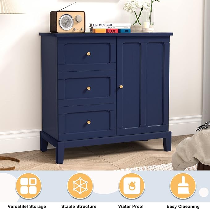 HLR Accent Cabinet with 3 Drawers and Door, Wooden Storage Cabinet with Shelves, Sideboard for Living Room, Entryway, Navy Blue