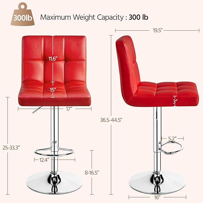 Yaheetech Bar Stools Set of 2, Adjustable PU Leather Swivel Barstools, Modern Counter Stools with Back and Footrest, Counter Height Barstools for Bar, Kitchen, Dining Room, Red
