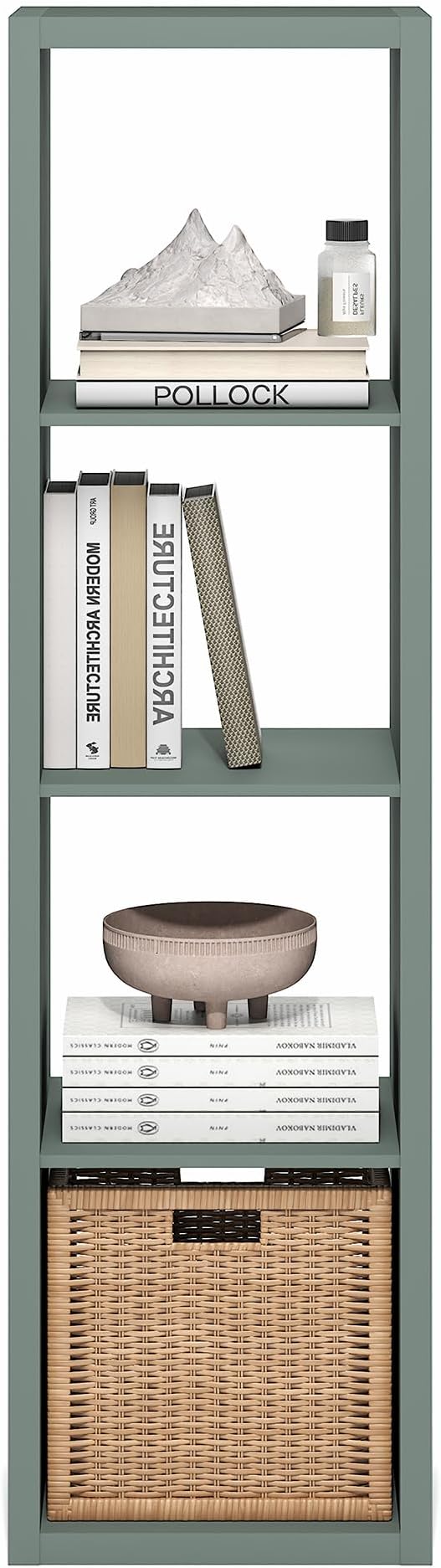 Furinno Cubicle Book Shelf, 4-Cube Vertical Thick Frame Bookshelf, Horizontally & Vertically Reversible Bookcase with Open Back, 14.6" x 15.9" x 58", for Living Room, Bedroom, Home Office, Sage Green