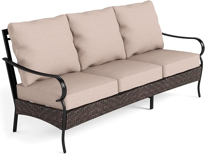 MFSTUDIO Outdoor Patio Furniture Set, 3-Seat Metal Patio Conversation Sofa, Outdoor Rattan Wicker Conversation Sofa Set with Cushion for Garden Porch Poolside,450 LBS