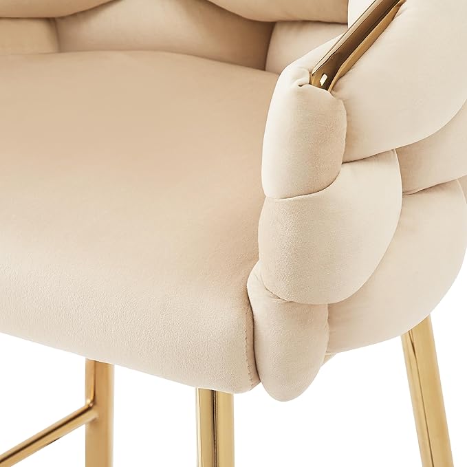Christopher Knight Home Barrel Counter Stools,Velvet Counter Height Barstools, Modern Luxury Makeup Stool Upholstered Chairs with Gold Legs(Set of 2),Beige