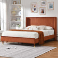 PINJU Queen Size Bed Frame, Upholstered Platform Bed with Modern Vertical Striped Wingback Headboard with Wooden Slats, Easy to Assemble No Noise Free (OCHER, Queen (U.S. Standard))