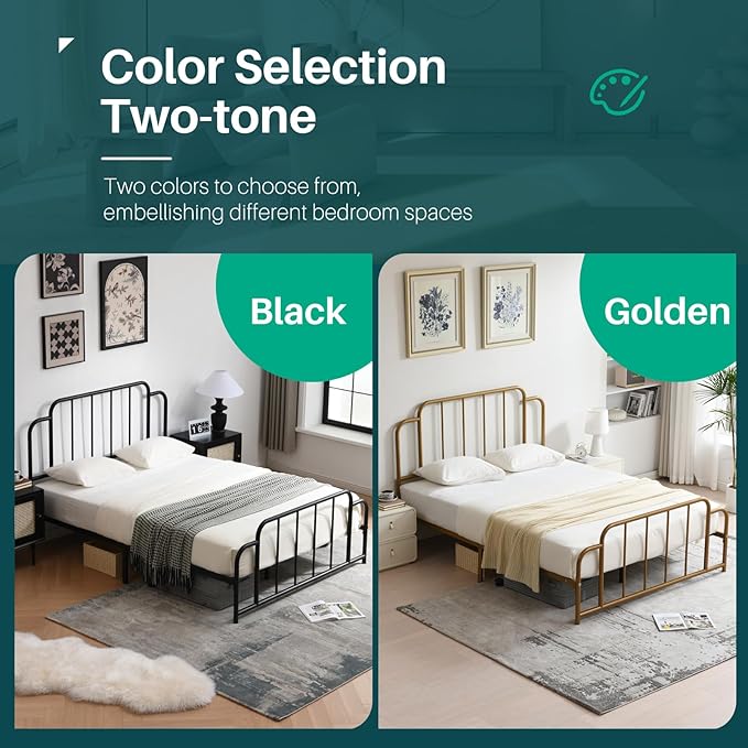 PINJU Metal Platform Bed Frame with Headboard and Footboard, Classic Style, Sturdy Metal Slats, No Box Spring Needed, Easy Installation (Black, Full)