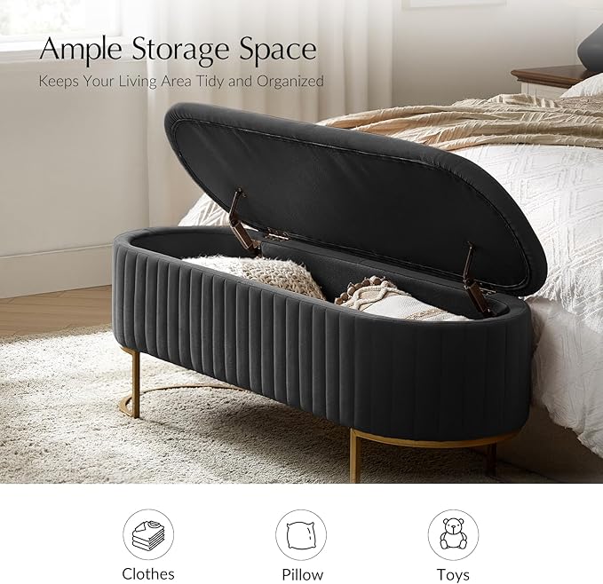 EcoHarbor Living 50.5" Storage Bench Velvet Bedroom Ottoman,Upholstered End of Bed Bench with Gold Legs,Flipping Lid Entryway Footrest, Grey