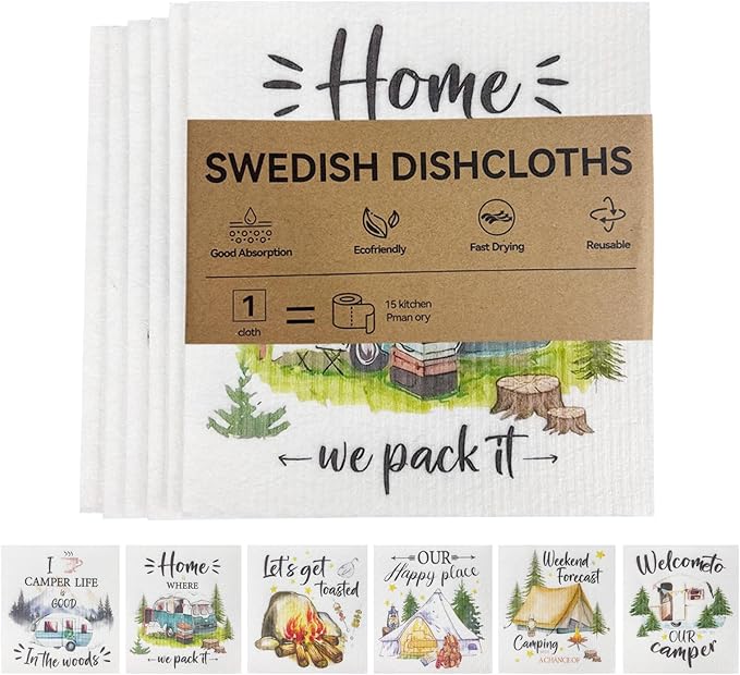 6 Pack Swedish Dishcloths – Super Absorbent, Reusable & Eco-Friendly Kitchen Towels (Fruit/Lavender/Camping/Solid Colors) (Camping Party)