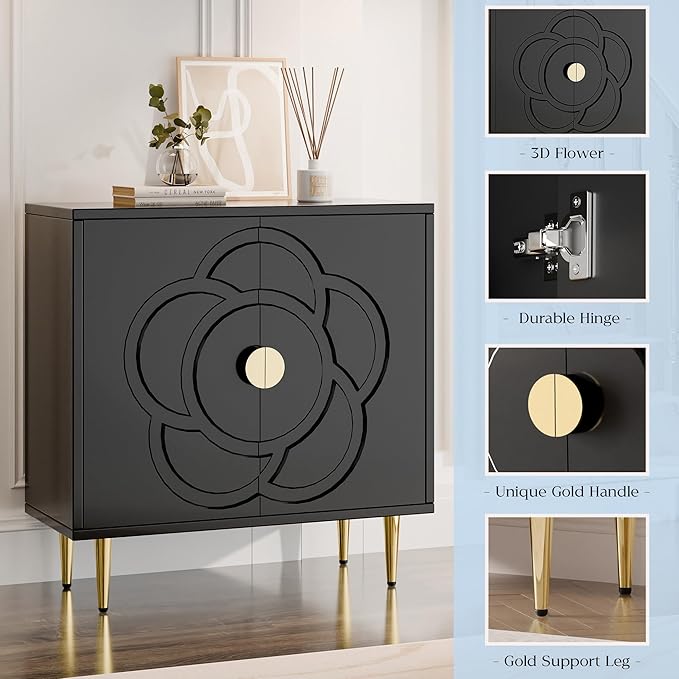 TOLEAD Modern Cabinet with Decorative Flower Pattern Doors - Accent Sideboard Buffet for Hallway, Living Room, Kitchen - Black