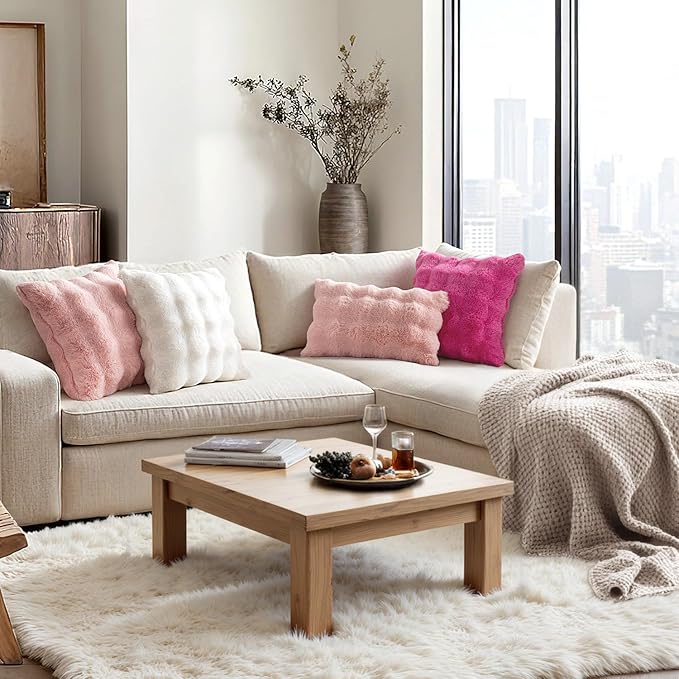 MIULEE Faux Fur Pillow Covers Thick Soft Plush Lumbar Throw Pillows Luxury Home Decor for Couch Bed Bedroom Living Room Sofa,12x20 Inch Pack of 2 Light Pink