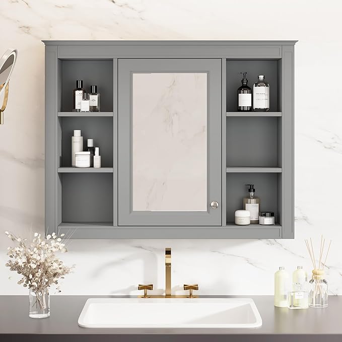 Bathroom Wall Cabinet with Mirror, 35'' x 27.5'' Medicine Cabinet with Mirror Door and Adjustable Shelves, Over Toilet Storage Cabinet, Wall-Mounted Bathroom Mirrors for Over Sink with Storage