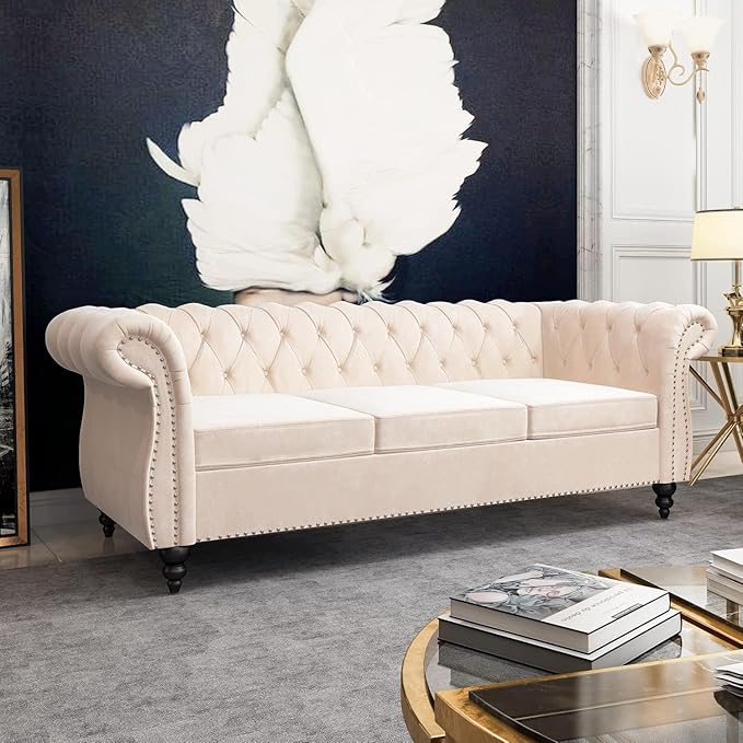 Chesterfield 3 Seater Sofa, Modern Velvet Tufted Couch 3 Seater with Rolled Arms and Nailhead Mid-Century Upholstered Couch for Living Room, Bedroom, Apartment and Office, Beige