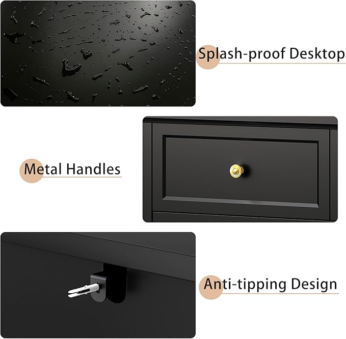 LYNSOM Black Dresser for Bedroom with 7 Drawers, Modern Wide Chest of Storage Drawer with Gold Handles, TV Stand Dresser, Wood Dressers for Bedroom, Living Room, Hallway, Entryway, 55’’