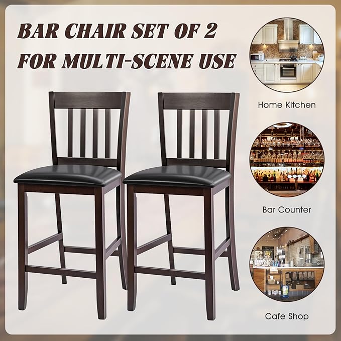 COSTWAY Counter Height Bar Stools Set of 4, 25'' Wooden Pub Chairs with PU Leather Seat, Mid Century Modern Upholstered Island Chairs for Kitchen, Living Room, Dining Room, Bar