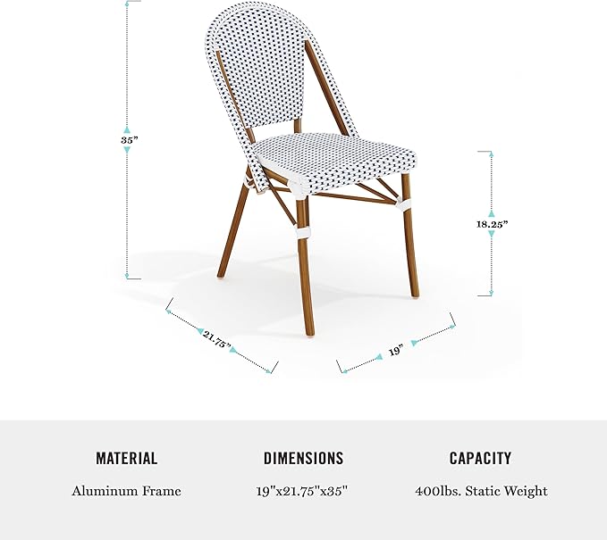 Martha Stewart Lily Pond Indoor-Outdoor Stackable Aluminum Bistro Chair with Natural Woodgrain Frame Finish and White/Navy Woven Rattan Backrest and Seat