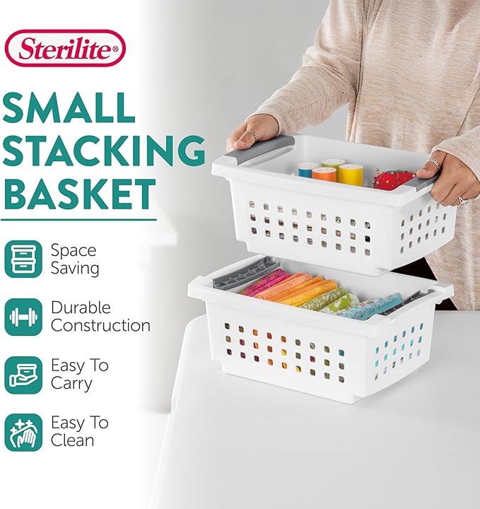 Sterilite 16608008 Small Stacking Basket with Vertical Stacking Functionality and Titanium Accents for Organization in Home or Office, White (16 Pack)