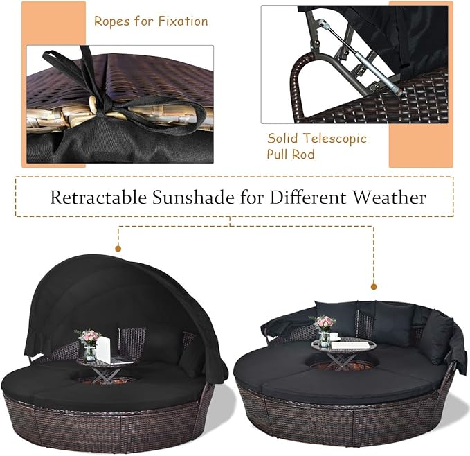 COSTWAY Patio Round Daybed with Retractable Canopy, Wicker Furniture Sectional Couch with Separate Cushioned Seats, Adjustable Table Top, Patio Rattan Daybed Sofa for Backyard, Poolside, Black