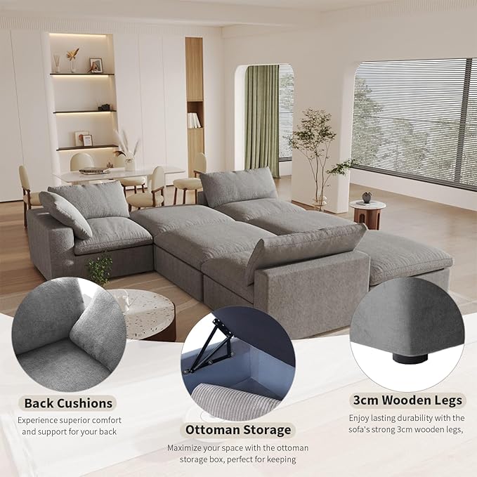 Cloud Couch Modular Sectional Sofa with Storage Ottomans,160.6" Down Filled 6 Seater Convertible Sectional Sofas,V Shaped Gray Couch for Living Room,Covers Washable&Replaceable