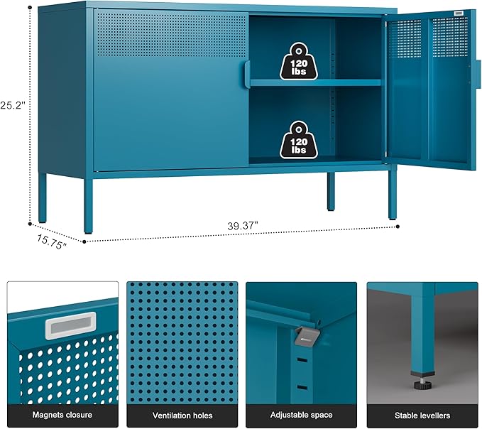 Blue Metal Storage Cabinet with Doors and Shelf, 2 Door Locker Storage Cabinet for Home and Office, 2 Tier Low Metal Tv Stand Cabinet